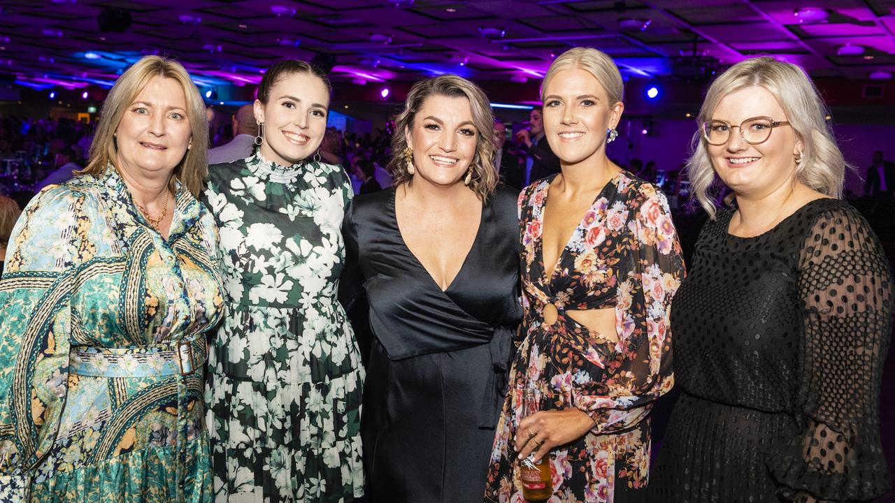 At the Downs and Western Housing and Construction Awards are (from left) Meryl Manteufel, Brooke Hart, Natalie Derksen, Liz Little and Keely Eversteyn of Concept Tiles at Rumours International, Friday, July 22, 2022. Picture: Kevin Farmer