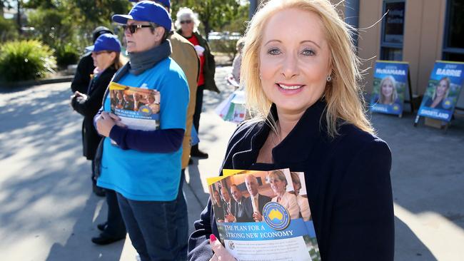 Liberal member for Dobell Karen McNamara at the Charmhaven Pre-Polling centre. Picture: Troy Snook
