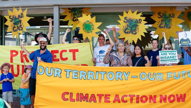 An anti-fracking rally outside Eva Lawlers electorate office in Palmerston. Picture: Glenn cCmpbell