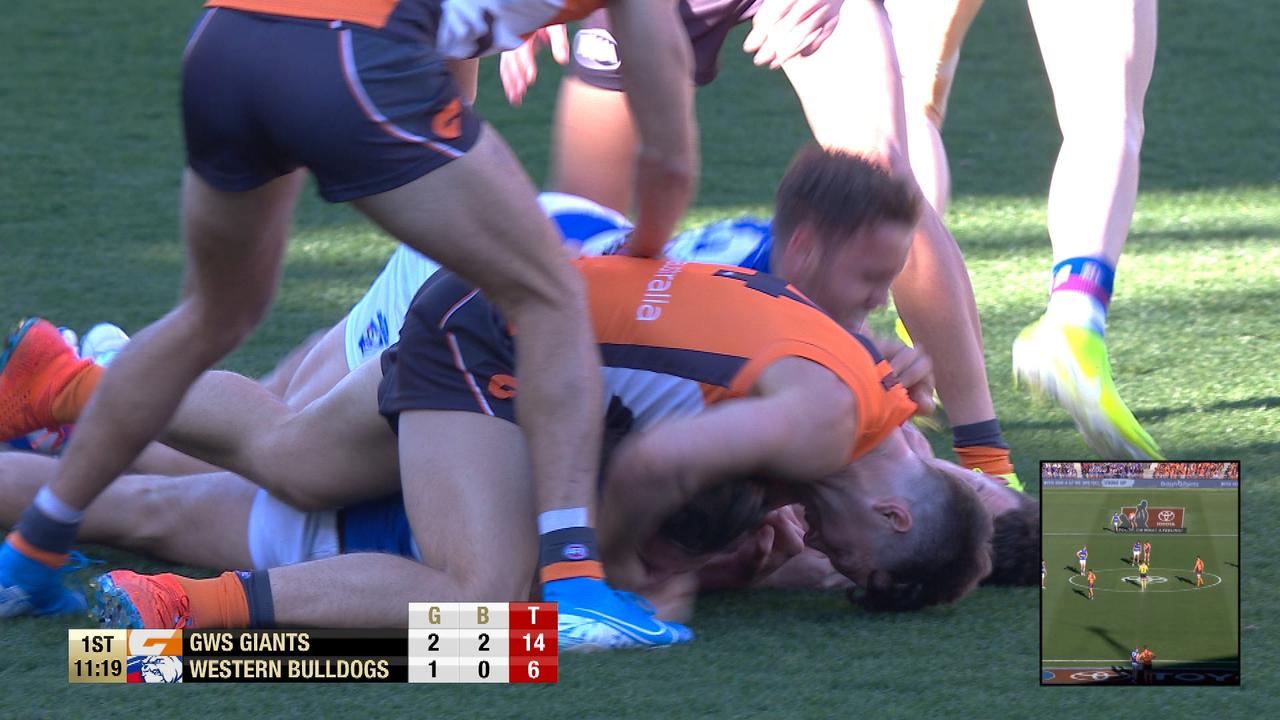 Toby Greene has been sent straight to the AFL Tribunal for this incident involving Bulldog Marcus Bontempelli.