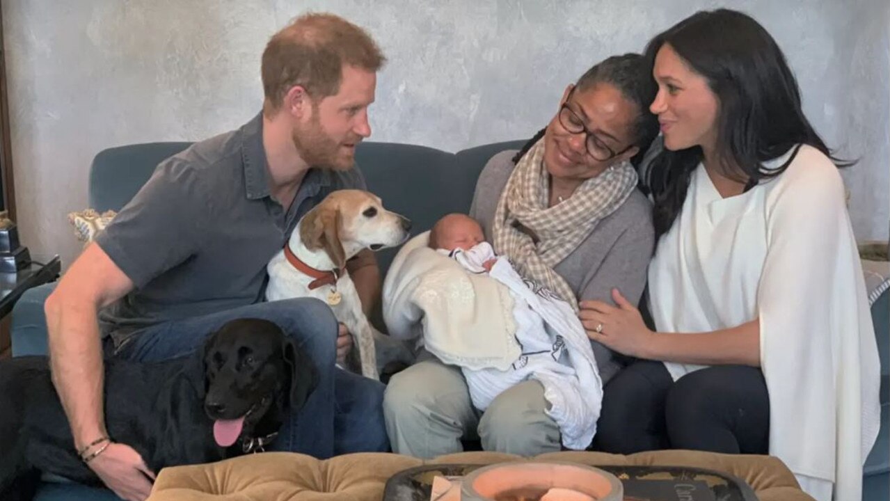 Prince Harry, Meghan Markle, Meghan’s mom Doria Ragland and baby Lilibet. Picture: Netflix