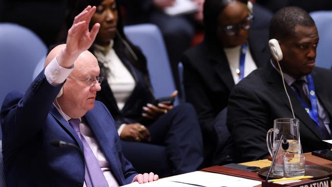 Russia's Permanent Representative to the UN Vasily Nebenzya votes for a US resolution on Ukraine. Picture: AFP