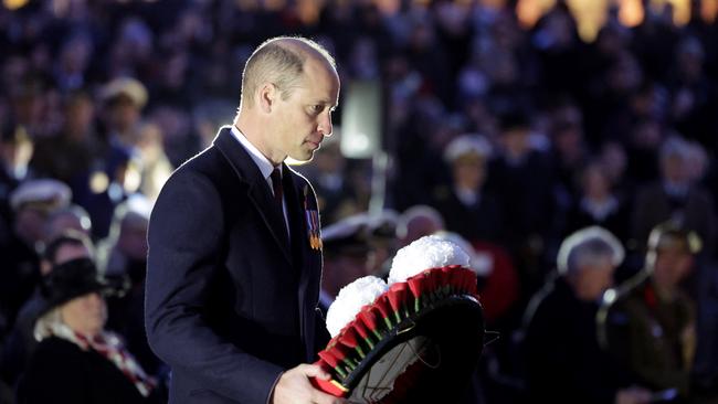 Prince William lays a wreath during the Dawn Service in London. Picture: Getty Images