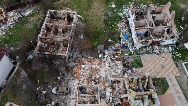 An aerial view of a destroyed residential area in the village of Moshchun, northwest of Kyiv. Picture: AFP