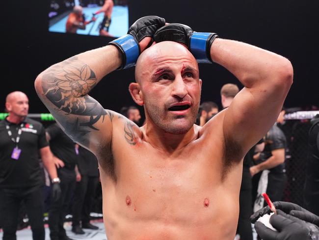 Alex Volkanovski reacts after his loss to Makhachev in October. Picture: Chris Unger/Zuffa LLC via Getty Images