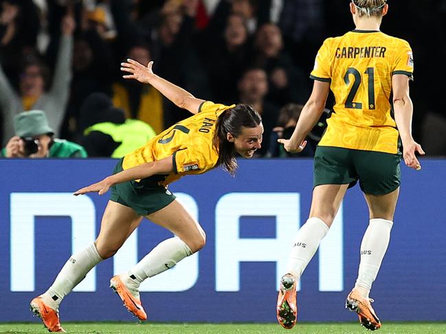 Hayley Raso celebrates after scoring Australia’s second goal. Picture: Brendon Thorne/Getty Images