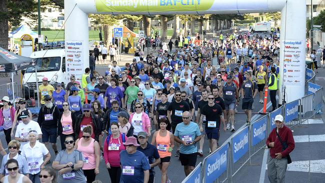 Participants take off from the 12km start line of the Bay-City fun run at Colley Tce, Glenelg. picture: Bianca De Marchi