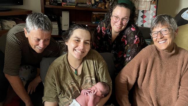 L to R retired doctor Beryl Turner, mum Angel McKay and baby Hayley, Dr Emma Sedlacek and nurse Sue Vetma. Angel gave birth in Eungella, west of Mackay cut off by floodwaters.