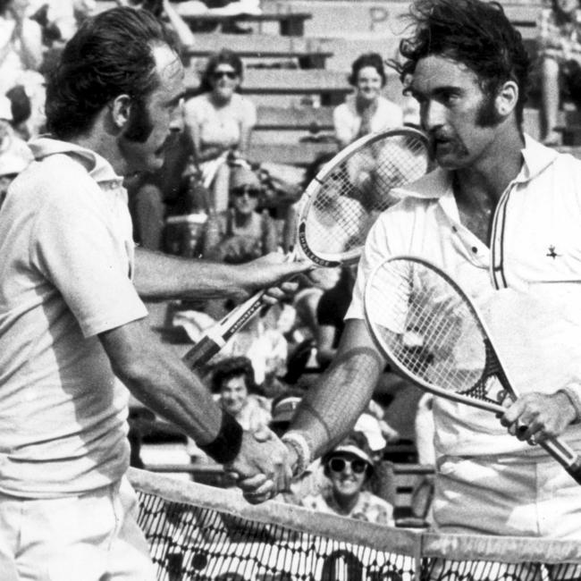 Mark Edmondson (R) shaking hands with John Newcombe after winning Australian Open Mens Final match at Kooyonga, Victoria 1976.