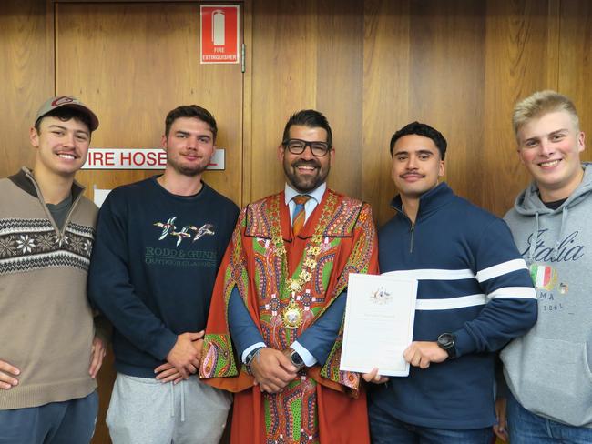 Te Ata Namana with his "support crew" which included Alice Springs Town Council Mayor Matt Paterson. More than 30 new Australians were sworn in at a citizenship ceremony at the Alice Springs Town Council chambers on July 1, 2024. Picture: Gera Kazakov