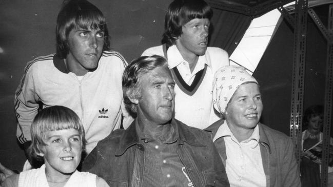 Former tennis players Trevor Fancutt and wife Daphne Fancutt (nee Seeney), with sons Charles (back l), 17, Michael (back r), 15, and Chris, 10, in 1977.