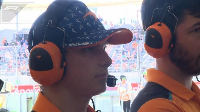 Oscar Piastri on the McLaren pit wall after he had to retire from the race. Photo: Fox Sports.