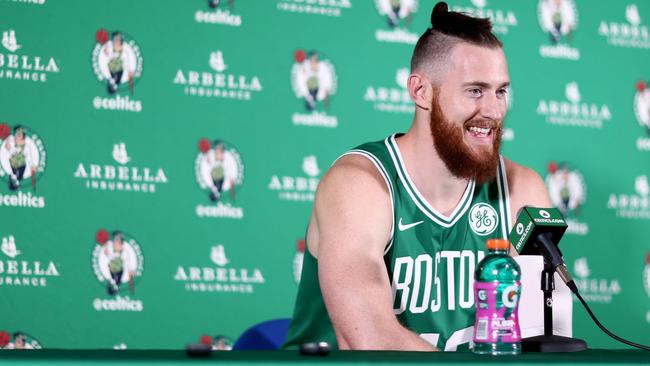 Aron Baynes has the arto of a shoey down pat. Picture: Getty Images/AFP