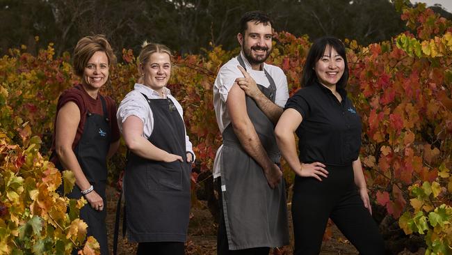 Jacqui Shannon, Maeghan Linke, Nathan Hunter and Sha Yang from Fino Seppeltsfield are for their vaccines. Picture: Matt Loxton