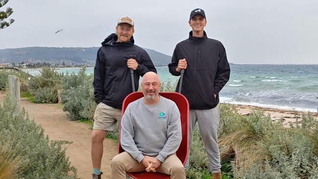 Sam and Ben Childs (from left) will push a wheelbarrow 100km in 25 hours across the Mornington Peninusla to raise money for Mick Simmon's charity Mental Health Safety Net. Picture: supplied