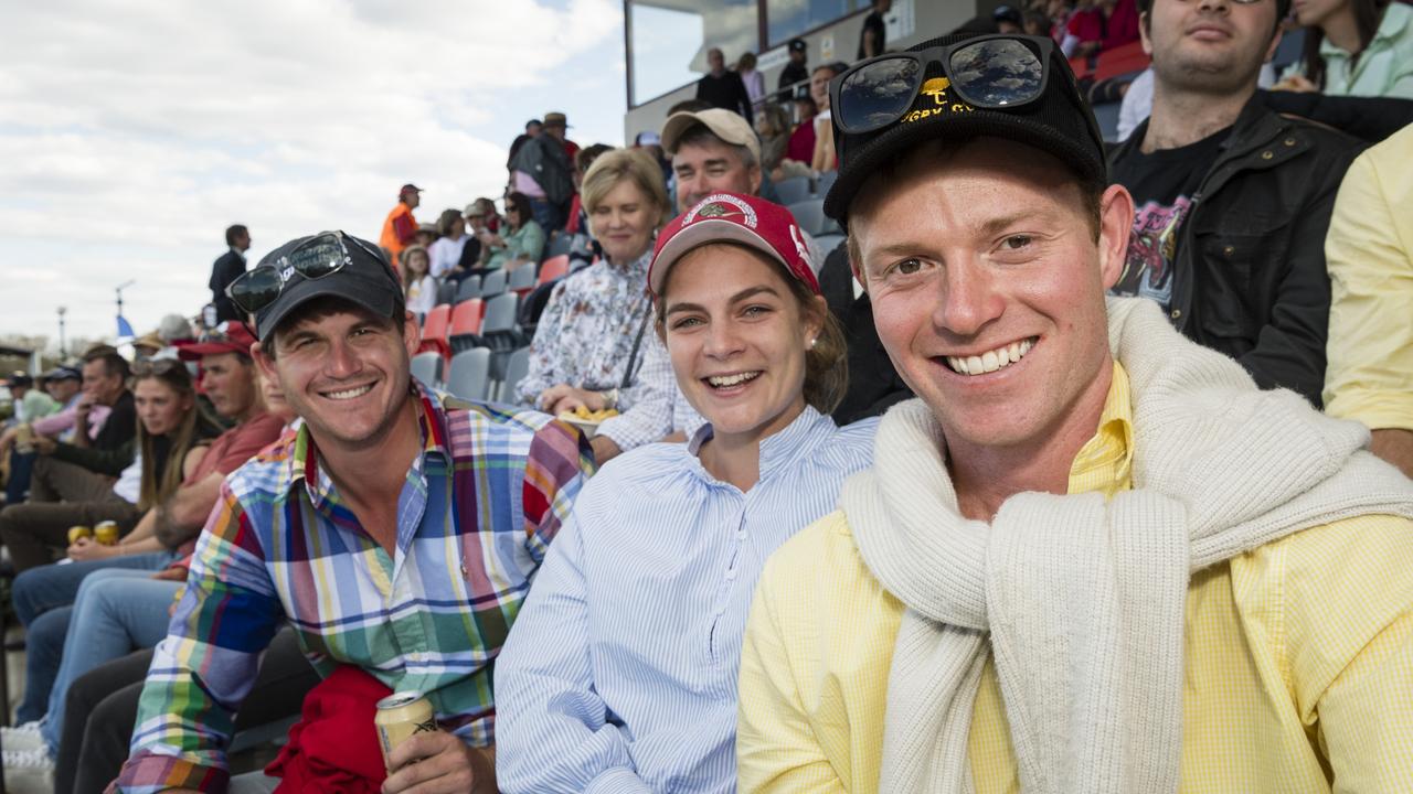 Getting behind their team during the B Grade grand final are (from left) Tom Fish (St George), Georgia Holmes (Goondiwindi) and Tom Lahey (Goondiwindi). Picture: Kevin Farmer