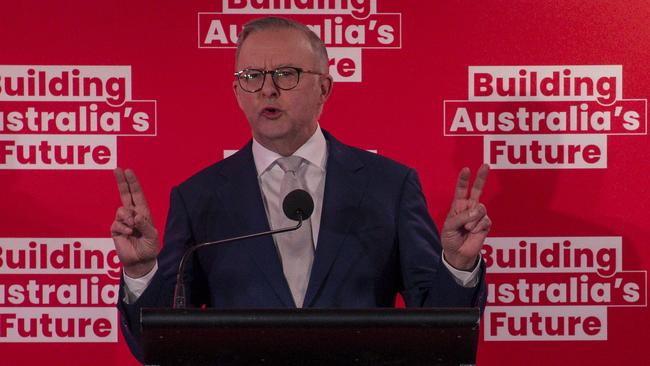 Prime Minister Anthony Albanese announces a major pre-election childcare policy in Brisbane in December. Picture: Glenn Campbell