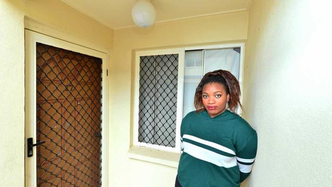 Vivian Mabiba outside her unit in Beerwah that was destroyed by fire. Picture: John McCutcheon