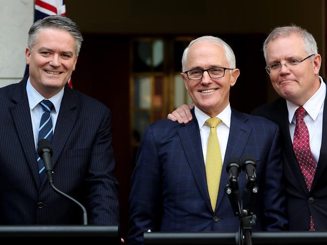 Senator Mathias Cormann, PM Malcolm Turnbull and Treasurer Scott Morrison holding a press conference at Parliament House in Canberra. Picture Kym Smith