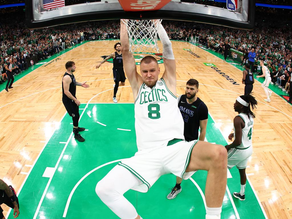 Kristaps Porzingi showing no sign of the injury he’d been struggling with. Picture: Maddie Meyer/Getty Images