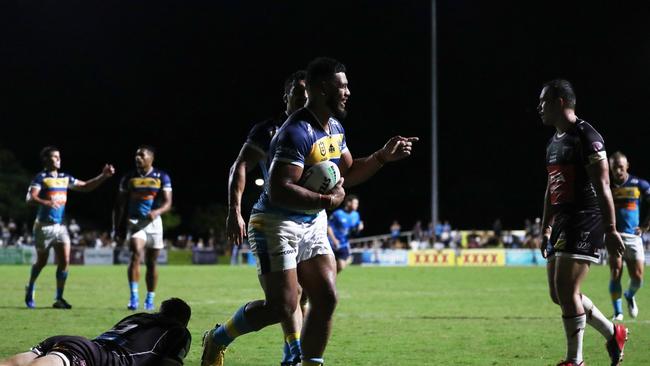 Gold Coast Titans centre Greg Marzhew is all smiles after scoring one of his three tries against Burleigh Bears at Pizzey Park. February 20, 2021. Photo Jason O'Brien