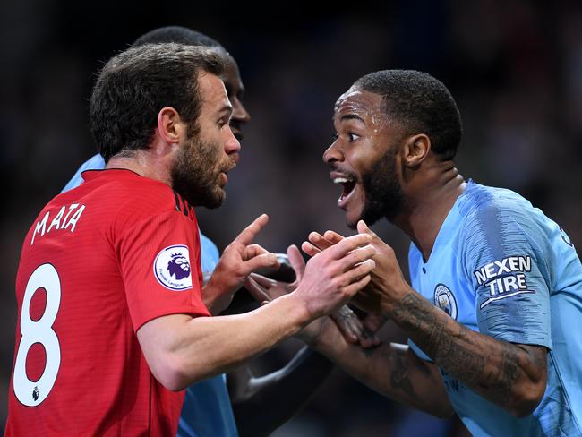 MANCHESTER, ENGLAND - NOVEMBER 11:  Juan Mata of Manchester United argues with Raheem Sterling of Manchester City after the Premier League match between Manchester City and Manchester United at Etihad Stadium on November 11, 2018 in Manchester, United Kingdom.  (Photo by Laurence Griffiths/Getty Images)