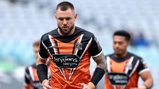 SYDNEY, AUSTRALIA - MAY 04: David Klemmer of the Tigers  warms up prior to the round nine NRL match between Canterbury Bulldogs and Wests Tigers at Accor Stadium, on May 04, 2024, in Sydney, Australia. (Photo by Brendon Thorne/Getty Images)