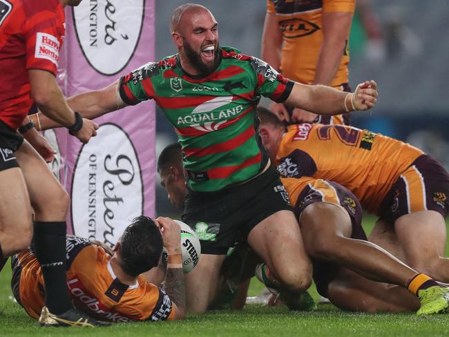 Souths Mark Nicholls scores a try during the Souths v Broncos NRL match at ANZ Stadium, Homebush. Picture: Brett Costello