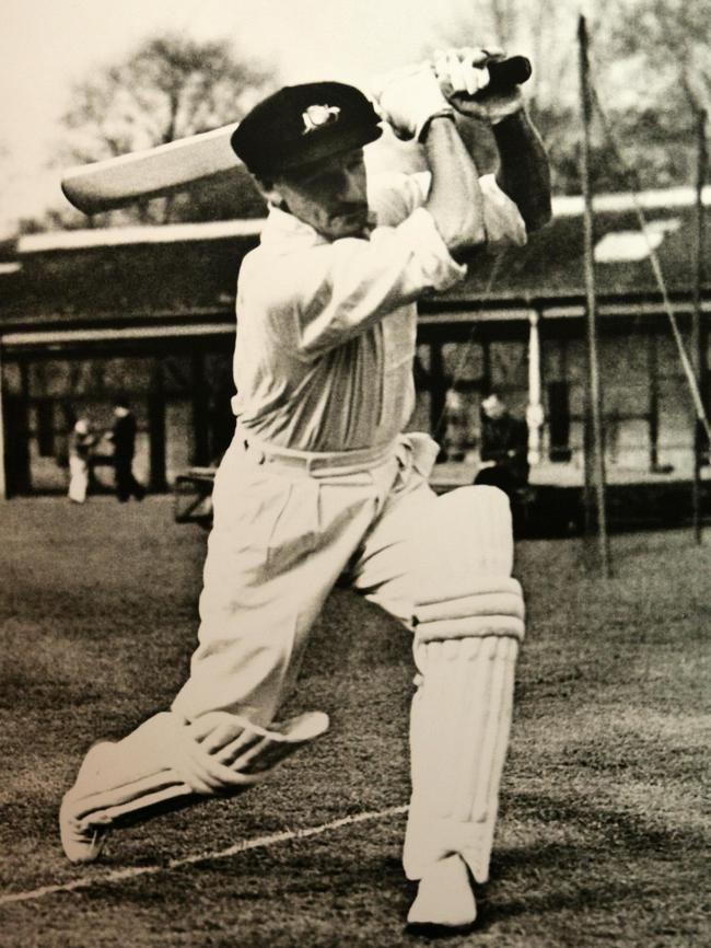 Sir Donald Bradman at the crease, probably hitting a 100 not out. Picture: AFP/Torsten Blackwood