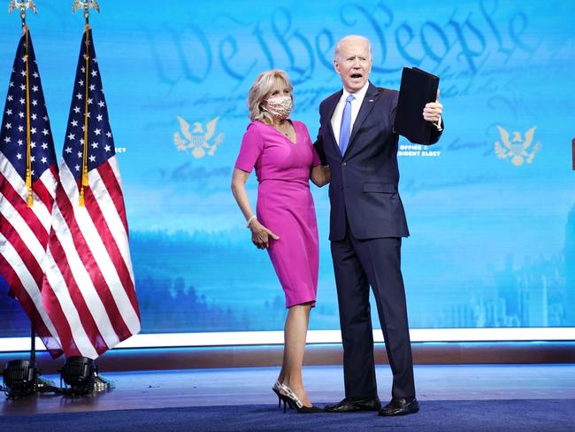 Wearing a pink sleeved pencil dress, Jill Biden attended the Electoral College in Wilmington, Delaware, last month. Picture: AFP