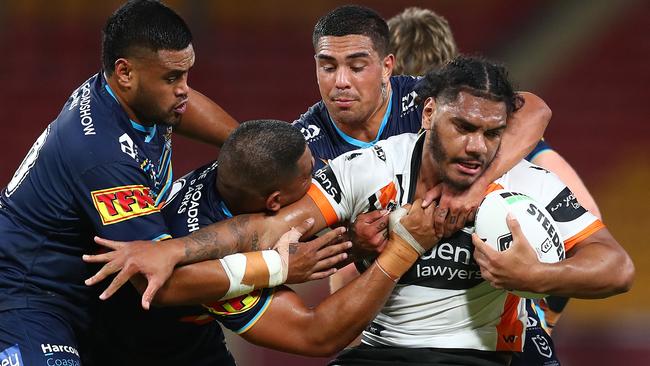 Thomas Mikaele is the king of the gym at the Tigers. Picture: Chris Hyde/Getty Images