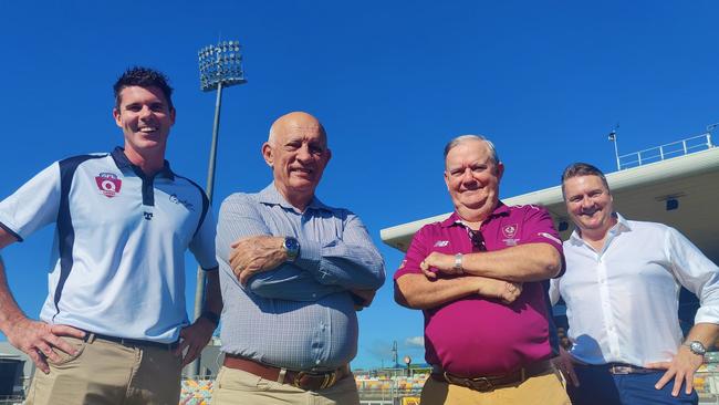 AFL Cairns gm Craig Lees, Cairns City mayor Bob Manning, QLD Country cricket president Kevin Maher and Cricket Queensland CEO Terry Svenson at Cazalys Stadium. Picture: Harry Murtough