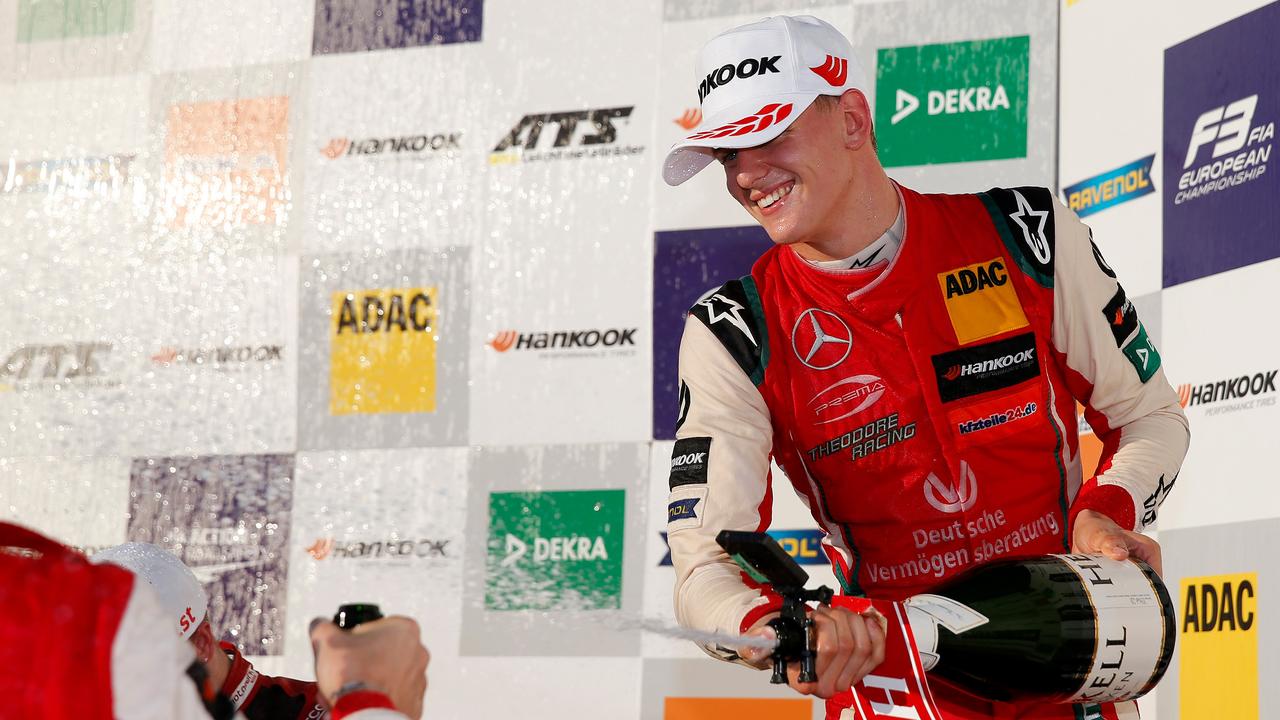 Mick Schumacher celebrates winning the Formula 3 European title. Picture: AFP