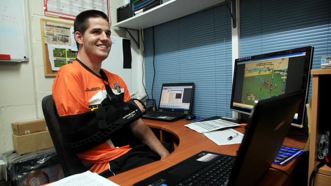 Injured Wests Tigers NRL player Simon Dwyer in the gym at Concord Oval.