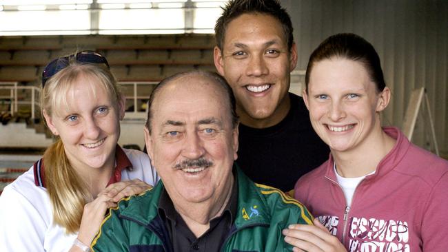 Coach Ken Wood with Olympic swimmers Jessicah Schipper, Geoff Heugill and Leisel Jones, set to head to Athens.