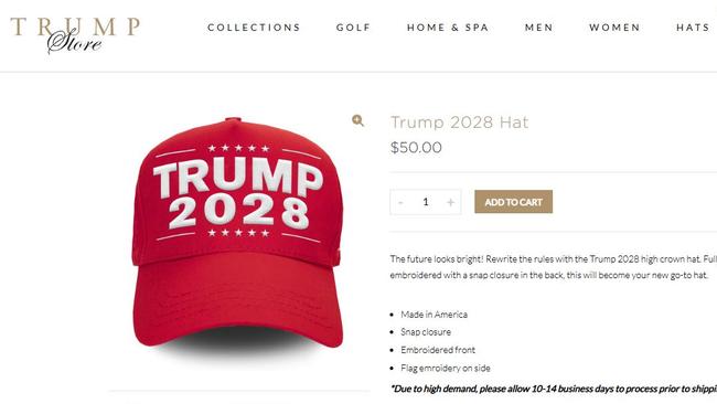 The official Trump store is selling ‘Trump 2028’ hats. Picture: Trump Store