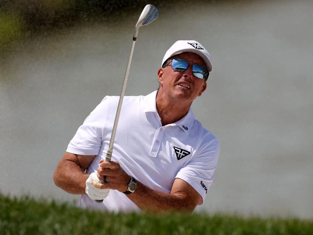 Phil Mickelson of HyFlyers GC hits out of the bunker during a LIV Golf Invitational event at Trump National Golf Club. He made a fortune by joining LIV. Picture: Rob Carr/Getty Images/AFP