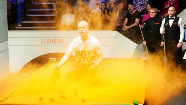 A protester at the World Snooker Championship. Picture: Sky News
