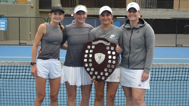 Memorial Drive State League women's premiership winning team. (From L-R) Jasmine Adams, Melissa Beadman, Alana Repanich, Melanie Clayton. Picture: Breanna Hassam