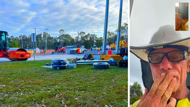 The scene of the truck and trailer rollover at Benfer Rd and Cleveland-Redland Bay Rd at Victoria Point and Brad Arnold blows a kiss to long-time partner Geraldine Price in a Facetime call.