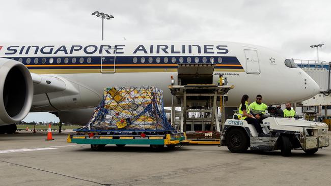 The first Australian shipment of Pfizer COVID-19 vaccines lands at Sydney International Airport in February 2021. Picture: AAP