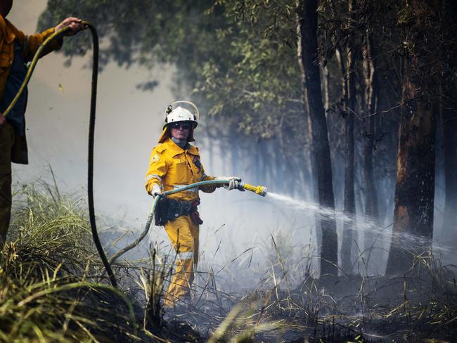 Fire crews battle bushfires at Little Mountain on the Sunshine Coast. Picture: Lachie Millard