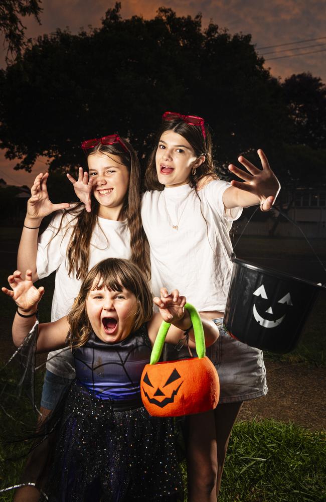 Celebrating Halloween are (from left) Charlotte Collins, Grace Leslie and Ellyssia Leslie, Thursday, October 31, 2024. Picture: Kevin Farmer