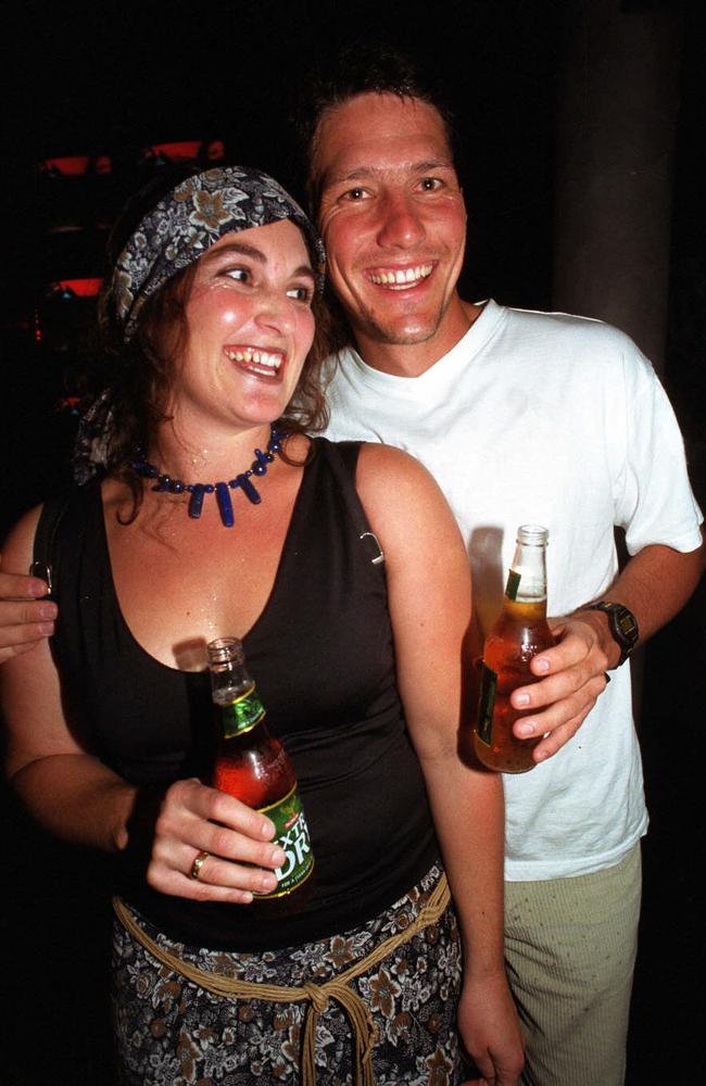 Naomi and Shannon McLeod have a laugh at the Rolling Rock nightclub in June 2003. Picture: Sharyn Rosewarne