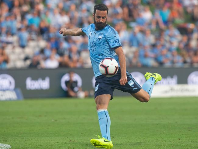 Alex Brosque of Sydney FC shoots at goal during this header in the Round 13 A-League match between the Sydney FC and the Adelaide United at Jubilee Stadium in Sydney, Sunday, January 13, 2019. (AAP Image/Steve Christo) NO ARCHIVING, EDITORIAL USE ONLY