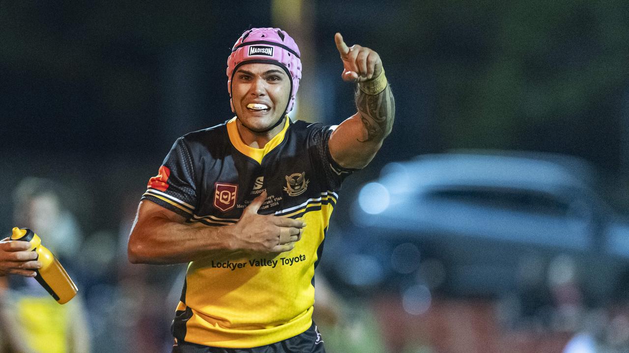 Gatton player Joel Hughes gestures to the Hawks supporters in the game against Valleys in TRL Hutchinson Builders A-grade grand final rugby league at Toowoomba Sports Ground, Saturday, September 14, 2024. Picture: Kevin Farmer