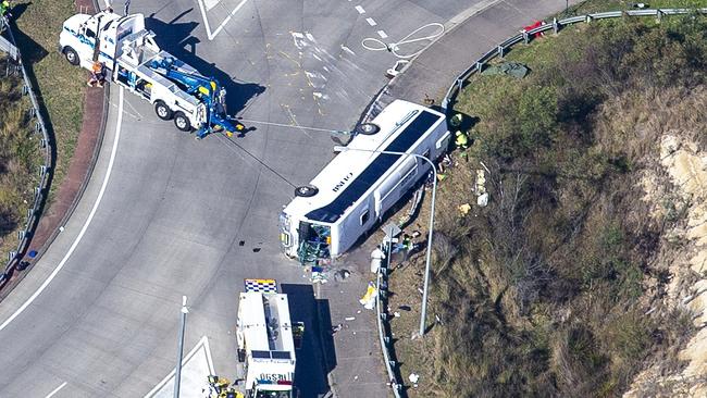 Aerial scene coverage from the site where ten people have died, and 11 people were hospitalised after Sunday’s crash and tragedy Picture: Christian Gilles