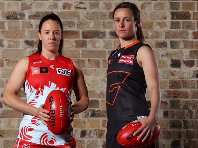 SYDNEY, AUSTRALIA - SEPTEMBER 07: Sydney Swans Captain Brooke Lochland and GWS Giants Captain Alicia Eva pose during a Sydney Swans and GWS Giants joint media opportunity ahead of the first AFLW Sydney Derby, at Circular Quay on September 07, 2022 in Sydney, Australia. (Photo by Mark Metcalfe/Getty Images)