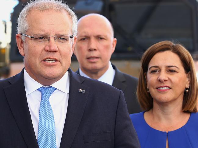 Deb Frecklington with Prime Minister Scott Morrison (front) and Queensland federal minister Peter Dutton