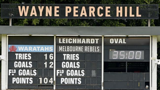 The scoreboard tells the story with the Waratahs winning 104-0 over the Melbourne Rebels in a one-sided game. Picture: John Appleyard.